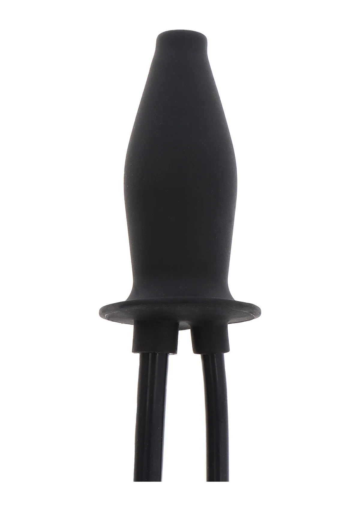 Hidden Desire Extreme Inflatable Lubricating Plug i svart silikon, sedd från sidan med den utsvängda basen och de två slangstosarna