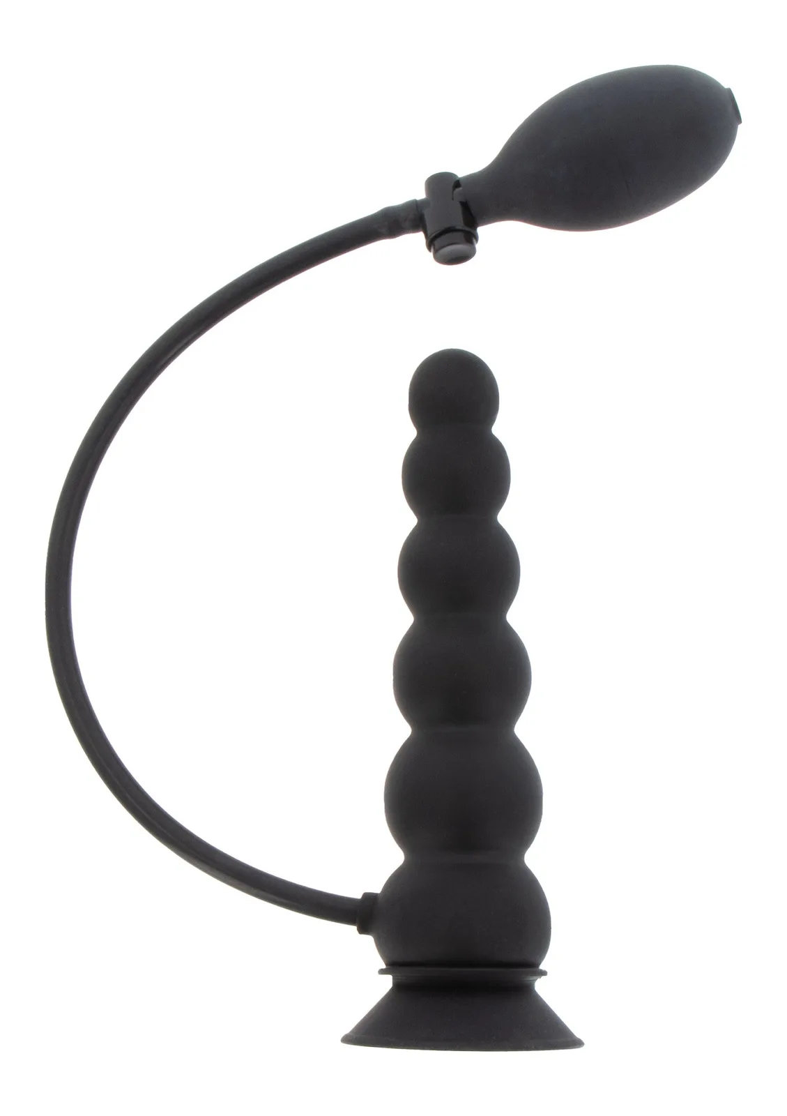 Hidden Desire Extreme Inflatable Suction Base Plug Expert i svart silikon, sedd från sidan med slang, pumpboll och sugkopp