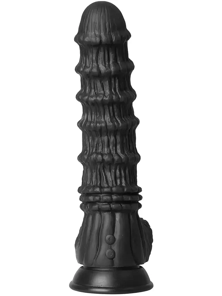 Hidden Desire Vibrating Dragon Monster Dildo 27 cm i svart silikon, sedd framifrån med sugpropp och de två knapparna på basen