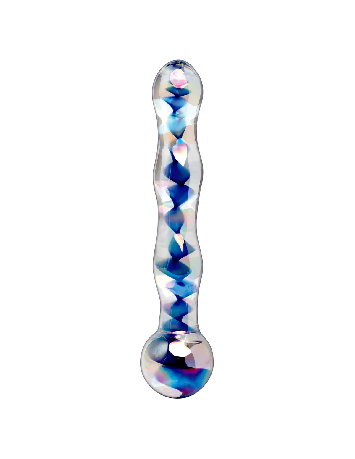Icicles No. 8 i klart glas med blått spiralmönster, sedd från sidan med den kulformade basen nedåt