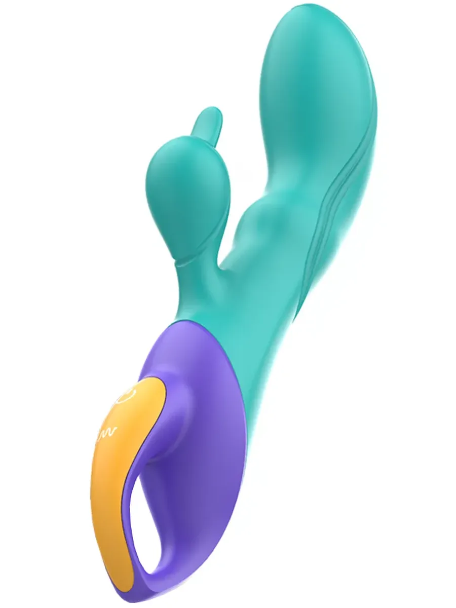 Intense Fred Rabbit Vibrator Blue sedd snett framifrån, med turkost skaft, klitorisarm, lila handtag och gul knappanel
