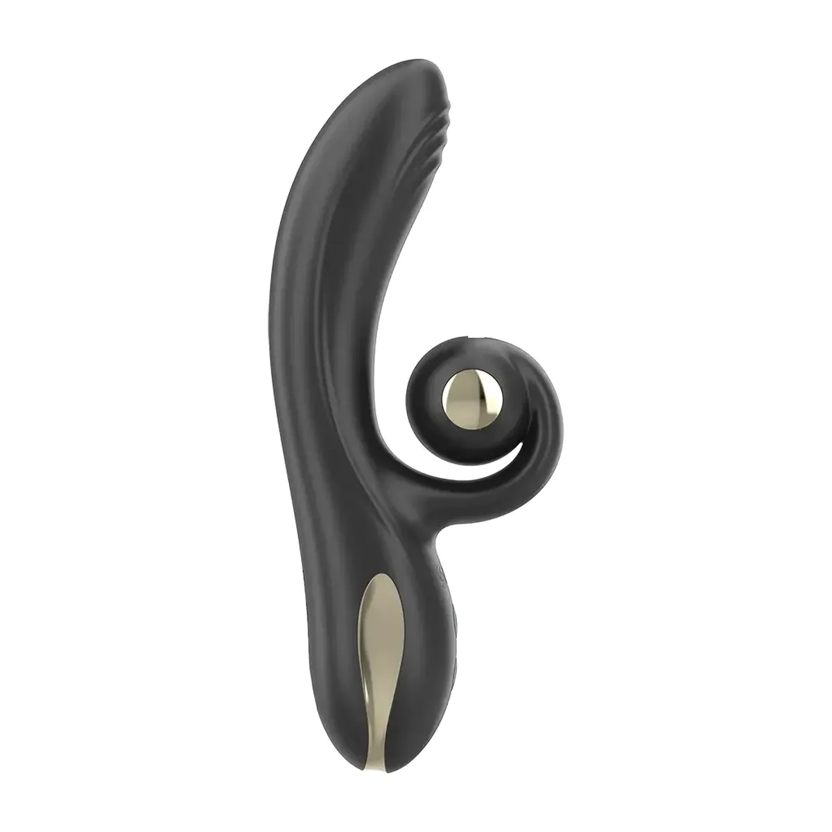 Twister Vibrator With Curve Stimulator & Rotation i svart, sedd från sidan med den roterande kulan i spiralkroken