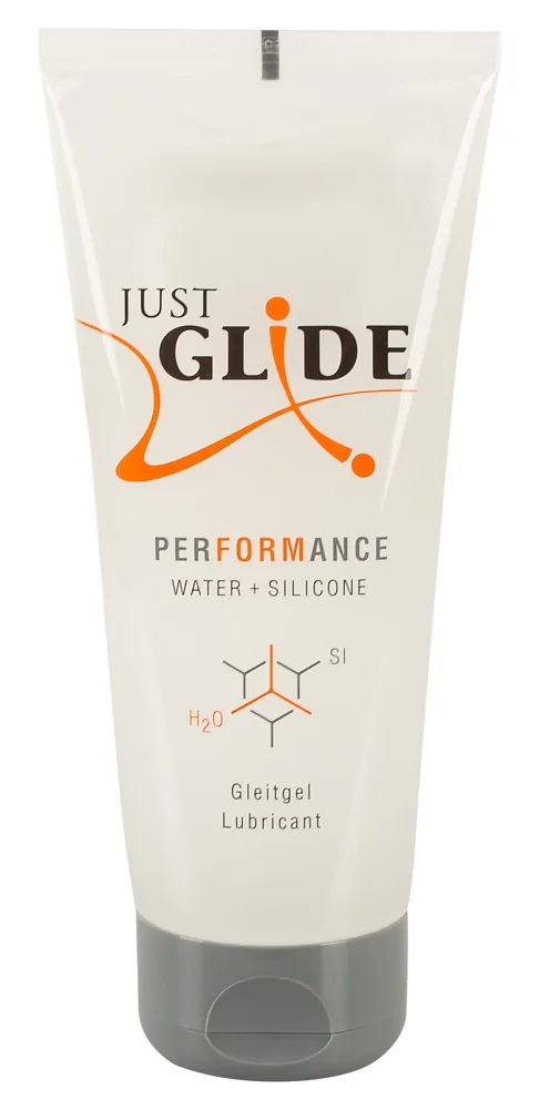 Just Glide Performance 200 ml, en hvid tub med gråt snaplåg og teksten Performance Water + Silicone, set forfra på hvid baggrund
