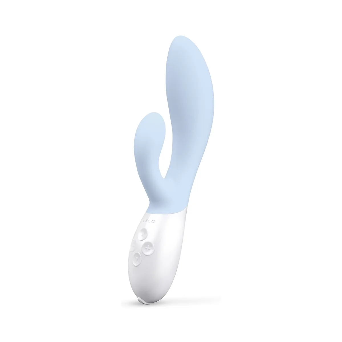 Lelo Ina 3 Rabbit Vibrator i färgen Seafoam, sedd snett framifrån med den ljusblå insticksarmen och det vita handtaget