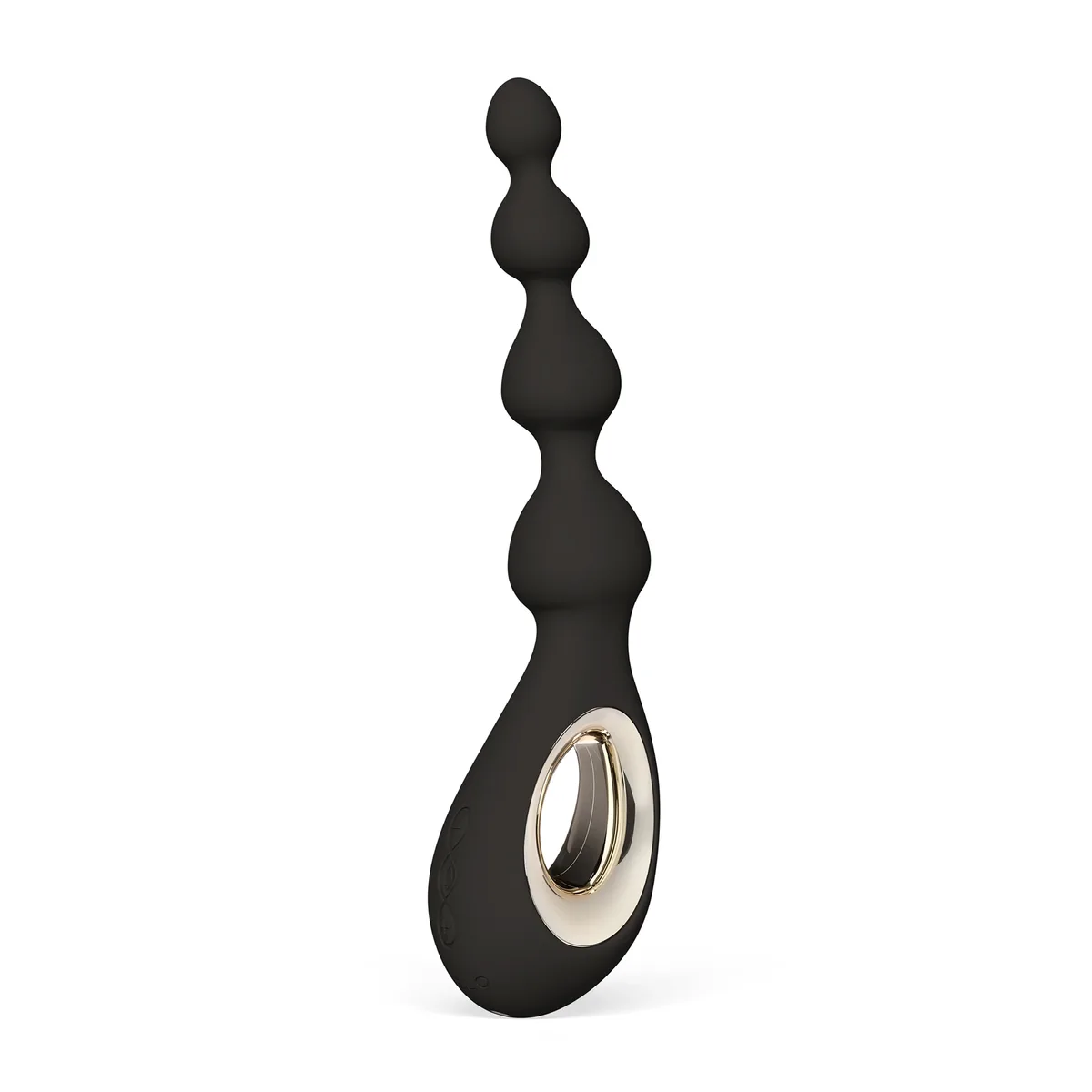 Lelo Soraya Beads i svart, sedd snett framifrån med de fyra kulorna uppåt och det droppformade handtaget nedåt