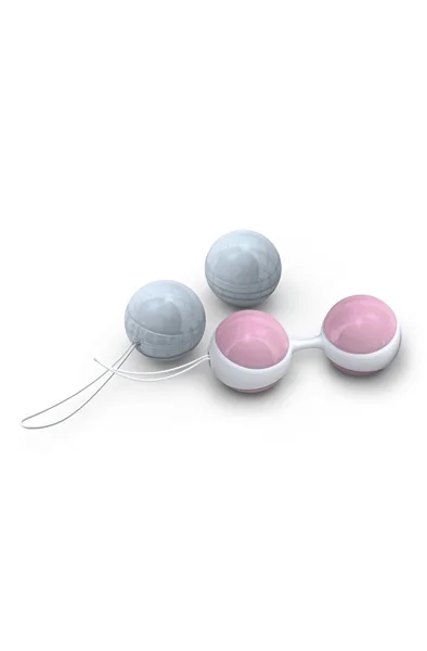 LELO LUNA Beads Mini: fyra knipkulor i rosa och ljusblått med silikonharness och utdragssnören, sedda snett uppifrån