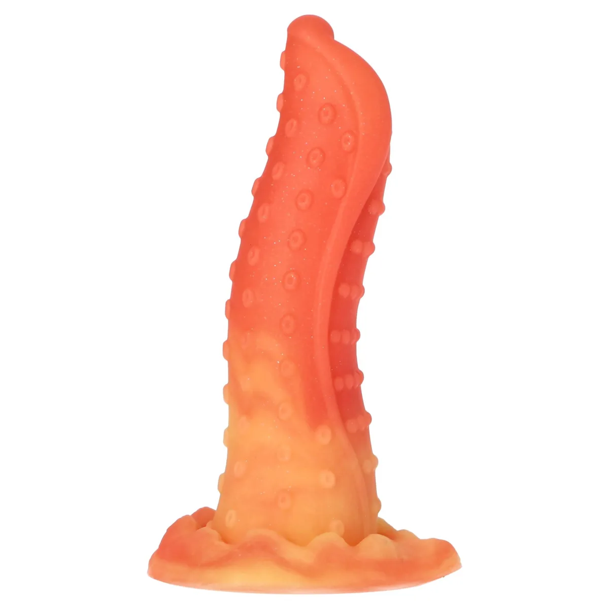 MonsterToyz Frollo Dildo 23 cm i orange och gult, sedd från sidan med sugkoppsbasen nedåt