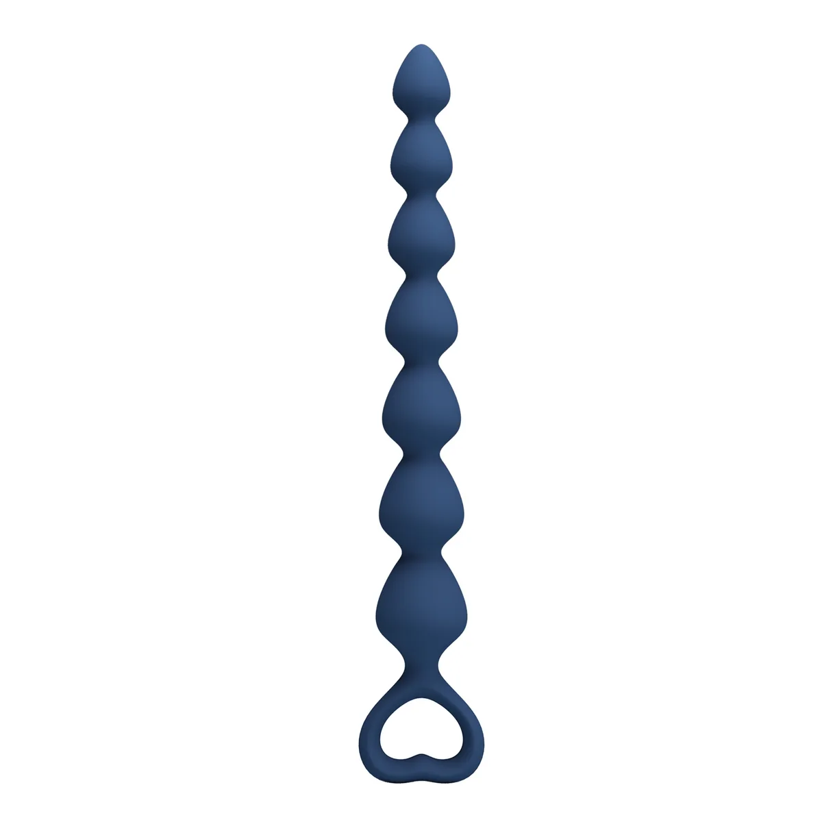 Mr. Play Anal Bead Large i mörkblå silikon, sedd från sidan med sju kulor i stigande storlek och hjärtformad fingerring