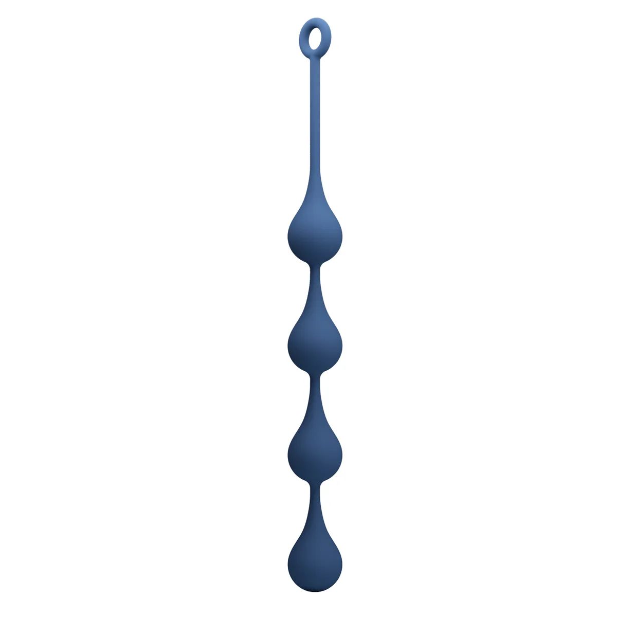 Mr. Play Waterdrop Anal Balls XL i blå silikon, sedd från sidan med fingerringen överst och de fyra droppformade kulorna nedåt