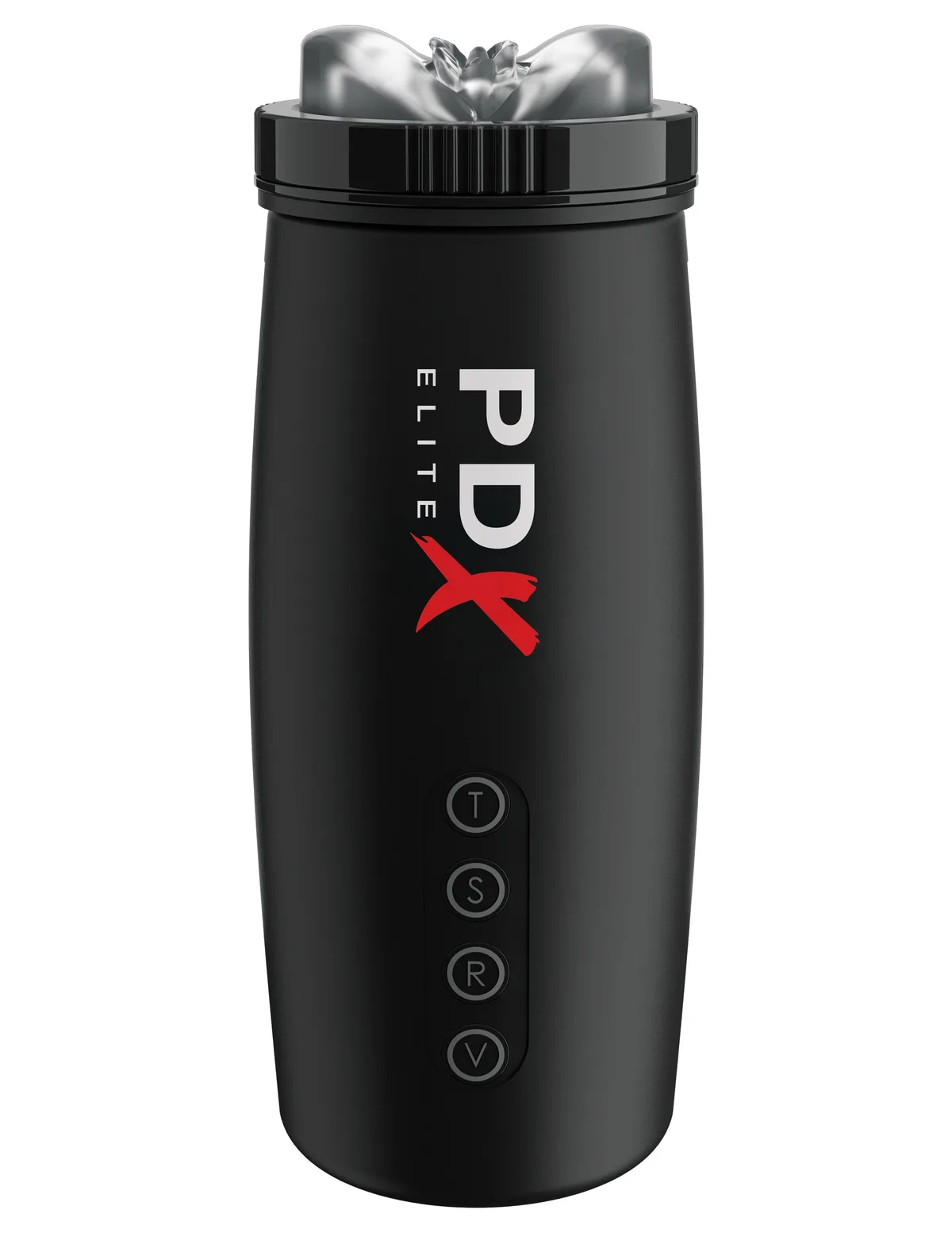 PDX Elite Moto-Bator 2 i svart med genomskinlig hylsa, sedd framifrån med de fyra knapparna T, S, R och V