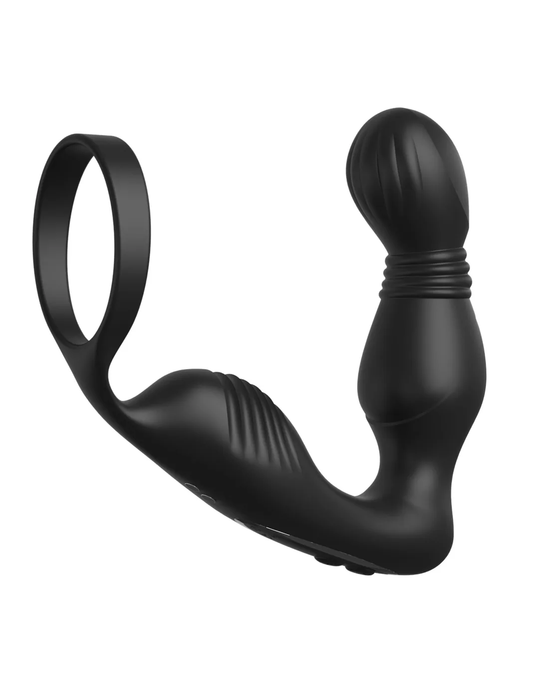 Pipedream Ass-Gasm Pro P-Spot Milker i svart, sedd från sidan med penisringen till vänster och den böjda prostatatoppen till höger