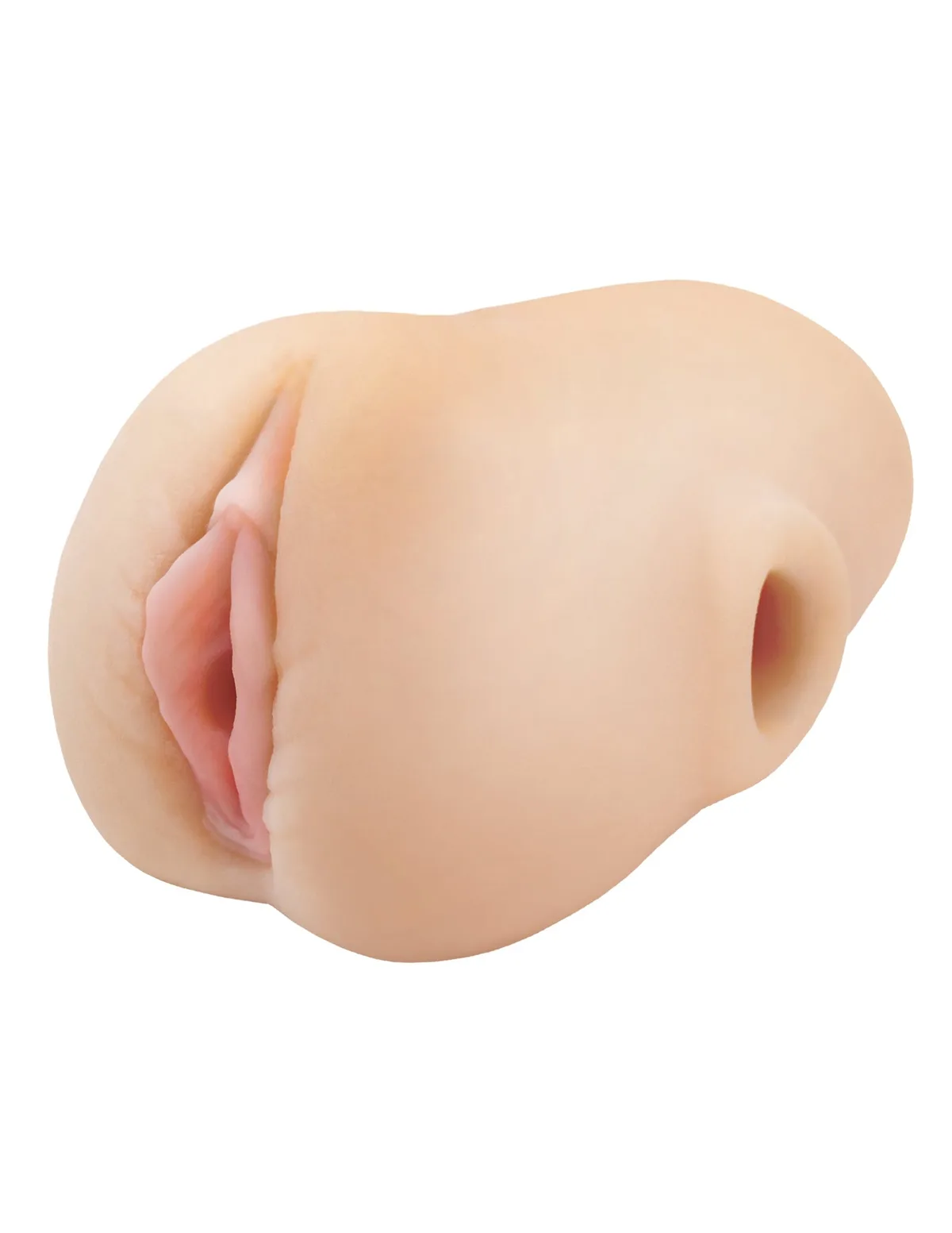 PDX Plus Pussy Pounder Squeeze Stroker i ljus hudton, sedd snett från sidan med den realistiska öppningen till vänster och den genomgående baksidan till höger