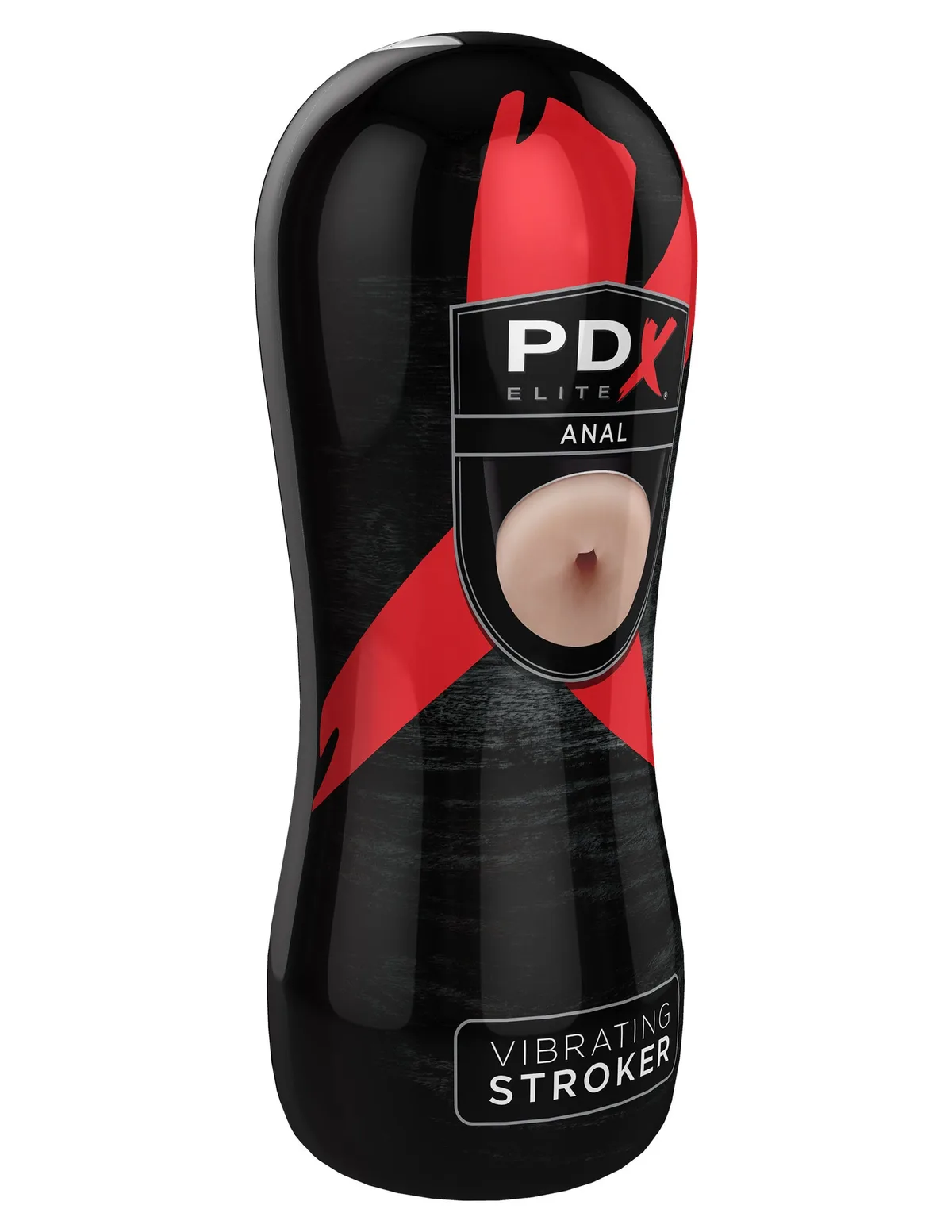 Pipedream PDX Elite Vibrating Anal Stroker sedd snett framifrån, med det svarta ABS-höljet och analöppningen i Fanta Flesh