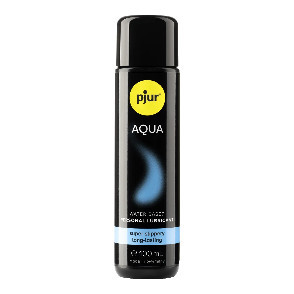 Pjur Aqua 100 ml i den nye design, en sort flaske med gul pjur-logo og blå etiket, forfra på hvid baggrund