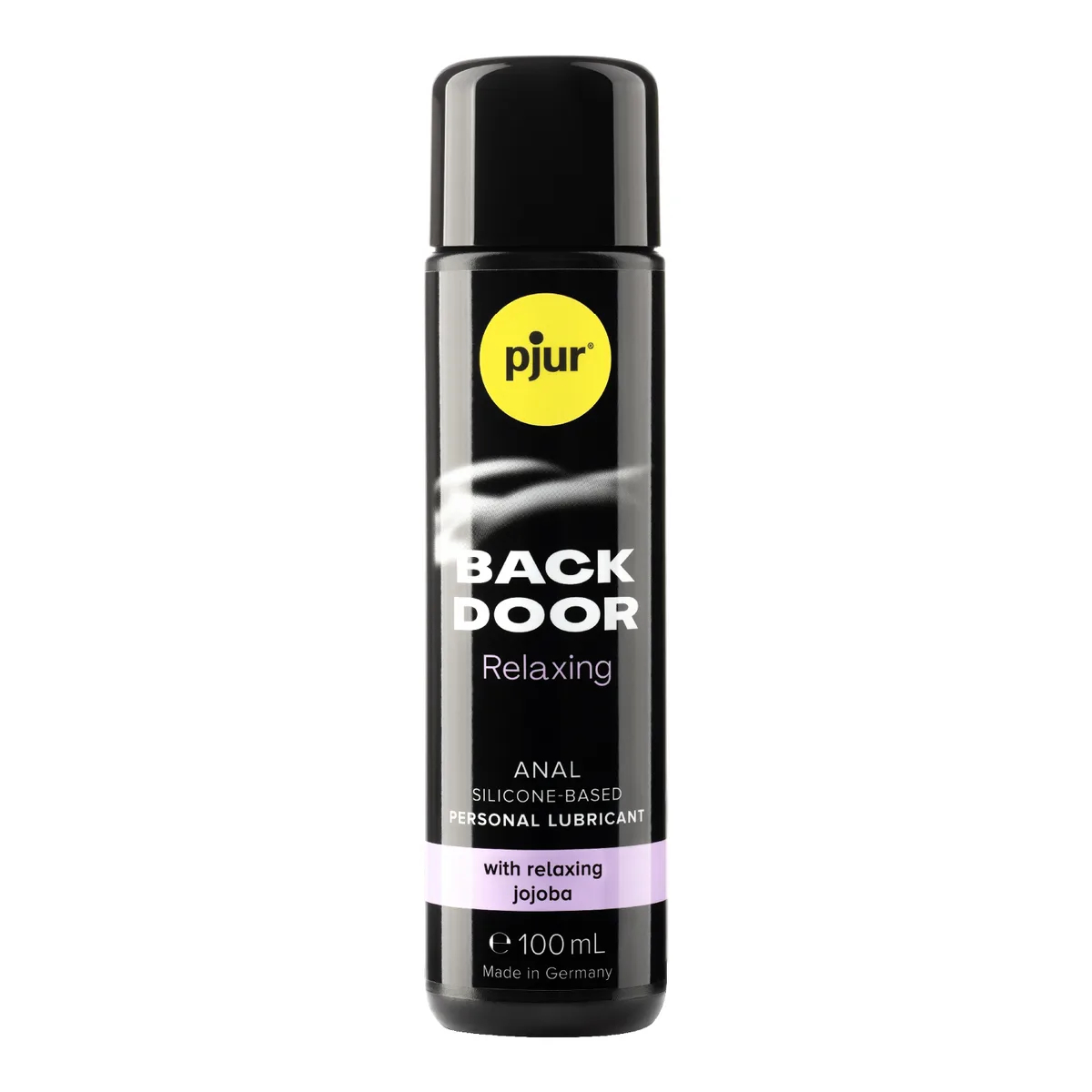 pjur BACK DOOR Relaxing 100 ml, sort flaske med gul pjur-logo og lilla stribe med teksten with relaxing jojoba, på hvid baggrund