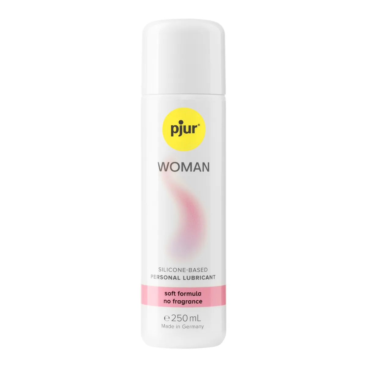 Pjur Woman 250 ml, hvid flaske med gul pjur-logo og lyserøde etikettfelter, forfra mod hvid baggrund