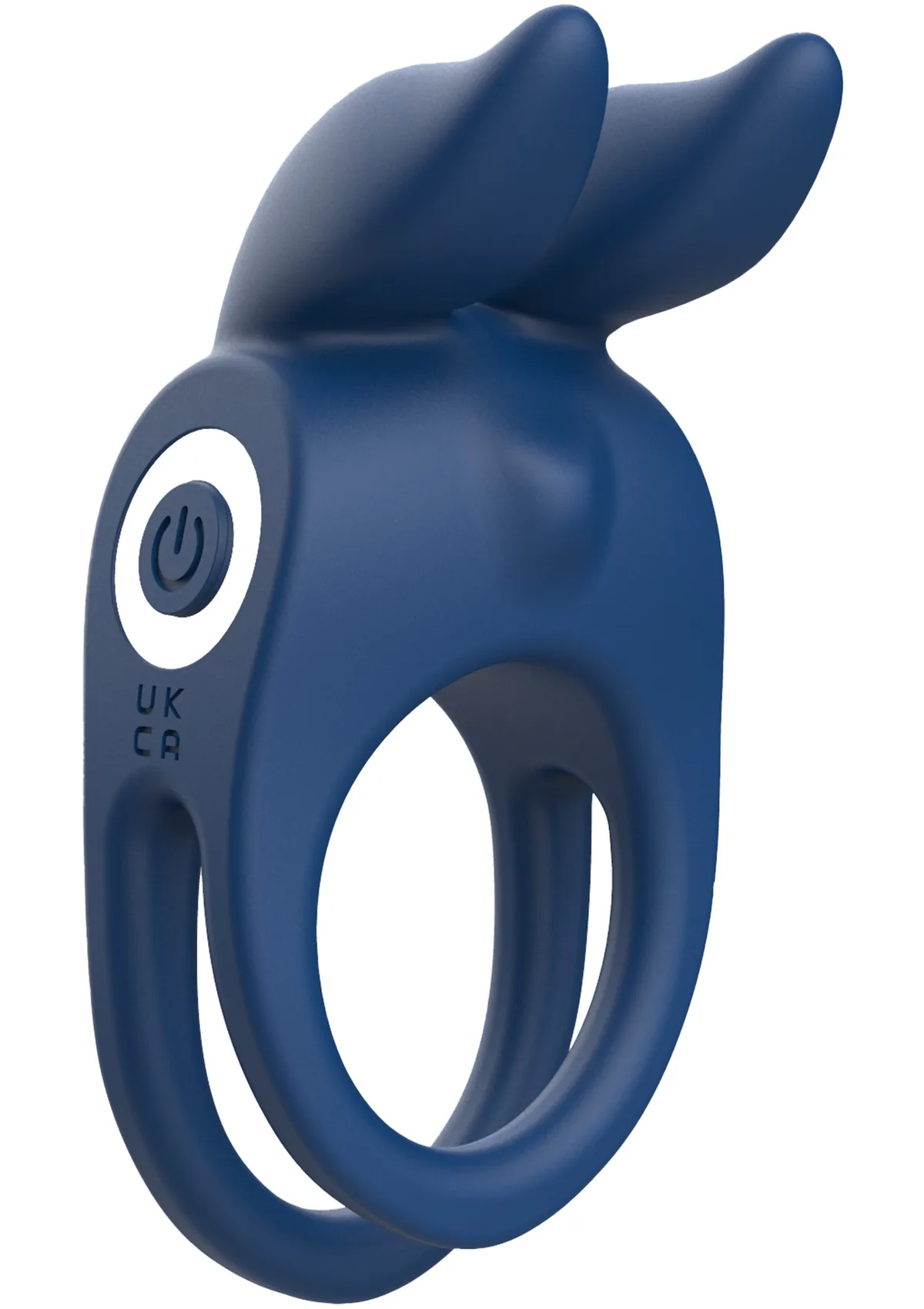 Playhouse Fierce Rabbit Ring Vibrating i blå silikon, sedd snett framifrån med de två kaninöronen uppåt