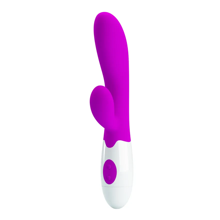 Pretty Love Alvis rabbitvibrator i lila silikon med vitt handtag, sedd snett framifrån