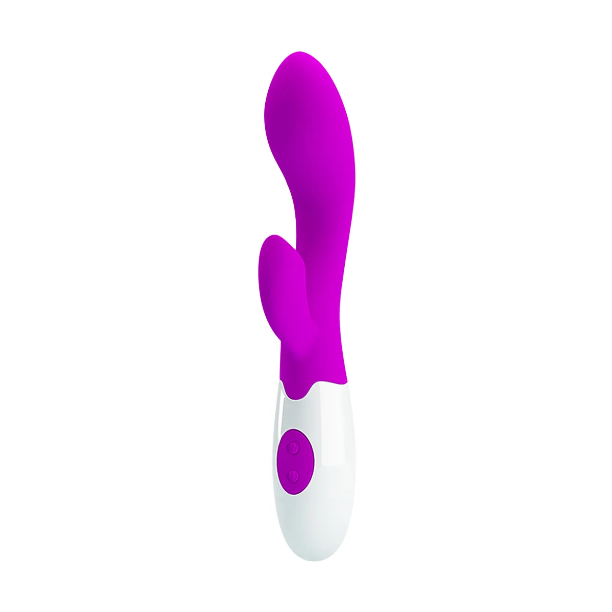 Pretty Love Brighty Rabbit Vibrator i fuchsia silikon med vitt handtag, sedd snett framifrån med klitorisarmen utåt