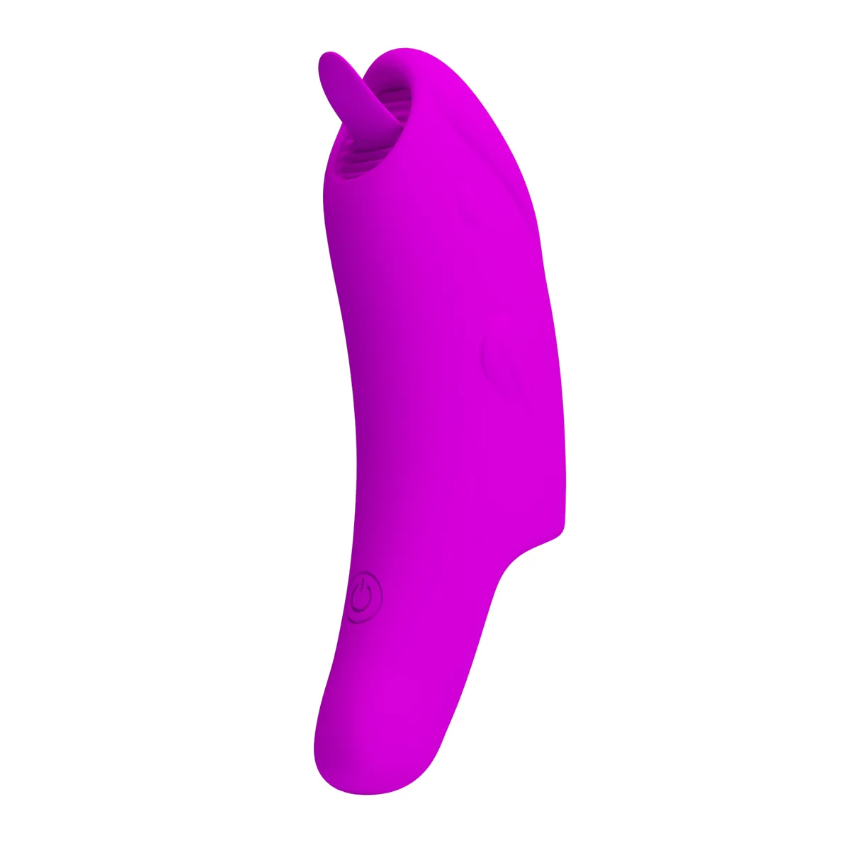 Pretty Love Peterson Fingering Vibrator i lila, sedd snett framifrån med tungan på spetsen