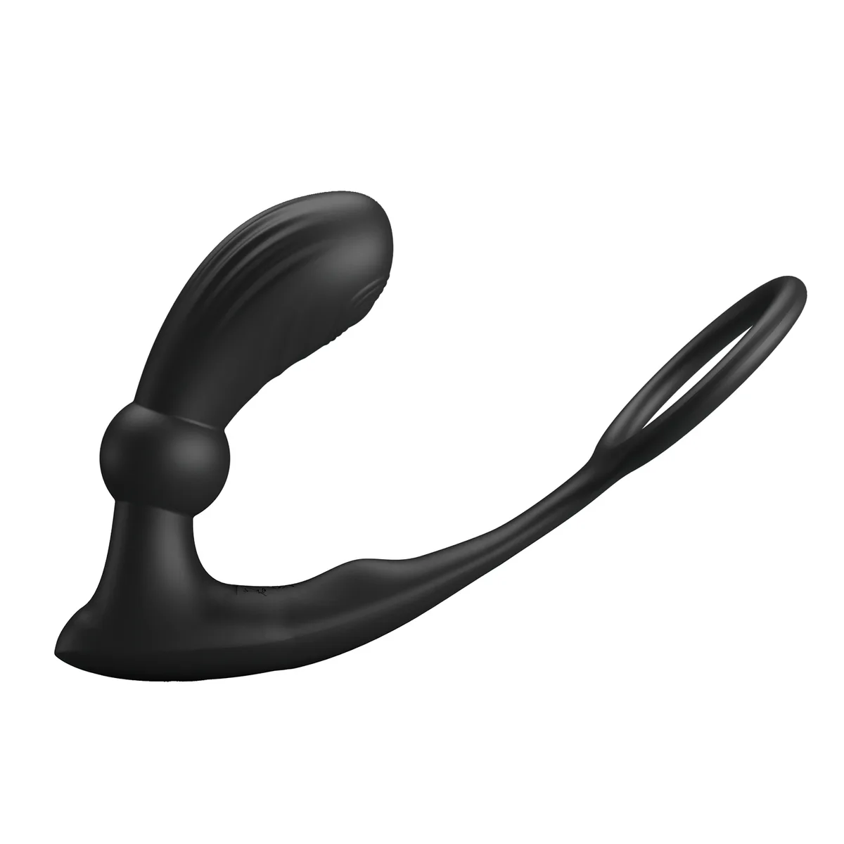 Pretty Love Warren i svart silikon, sedd snett från sidan med den böjda prostatapluggen och den fastsatta penisringen