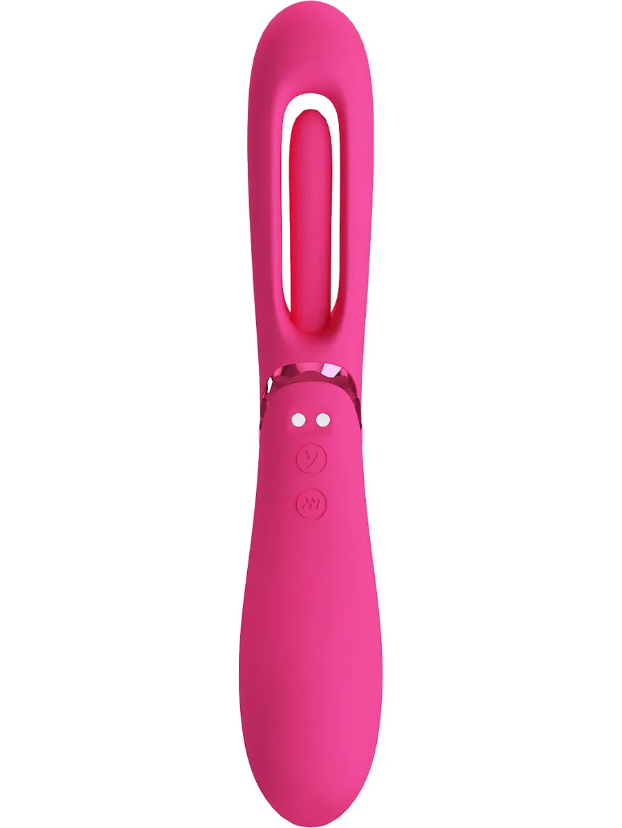 Romance Lexie Vibrator i rosa, sedd rakt framifrån med den rörliga fliken i urtaget och de två knapparna