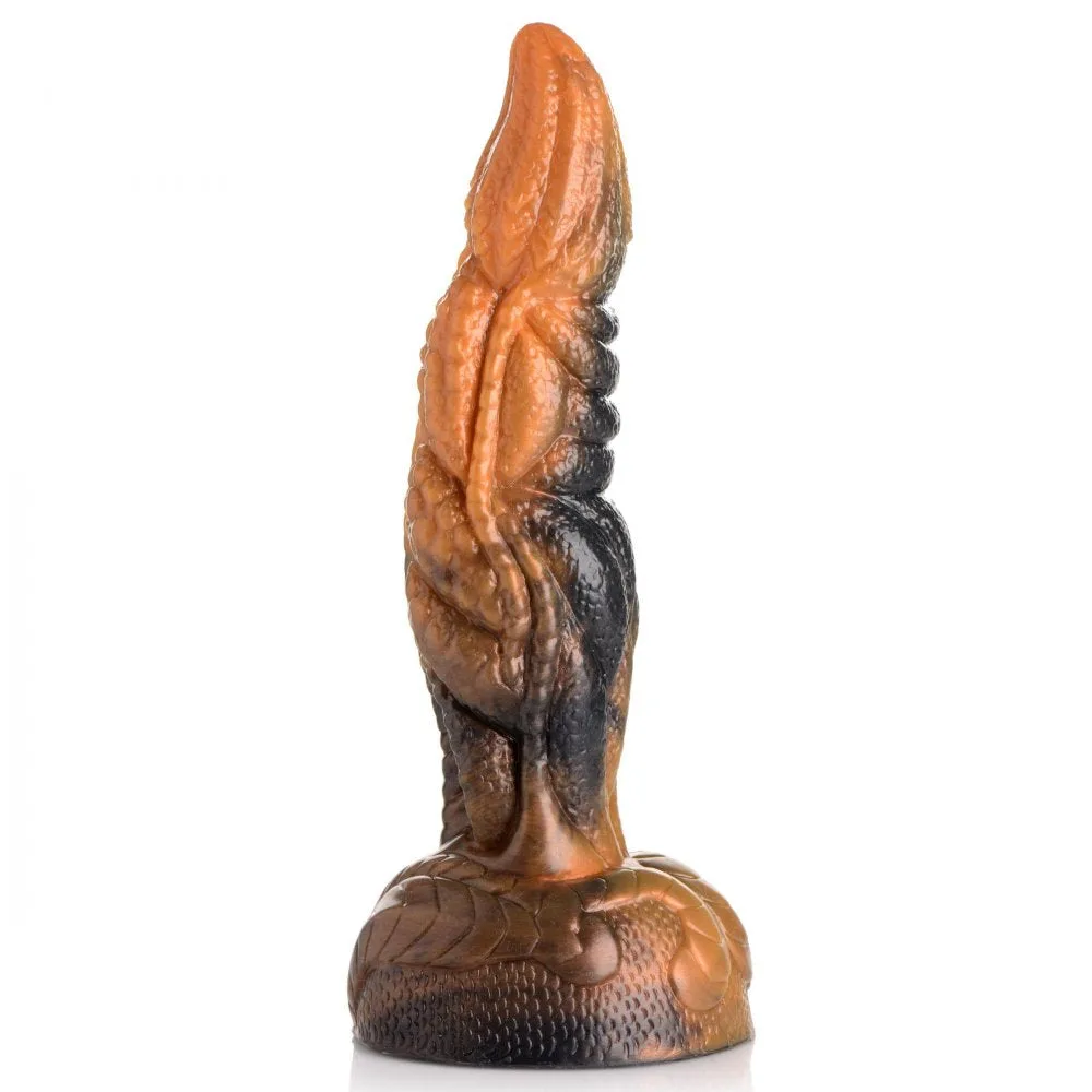 Ravager Rippled Tentacle Silicone Dildo i marmorerad orange, brun och svart silikon, sedd snett framifrån med sugkoppsbasen nedåt