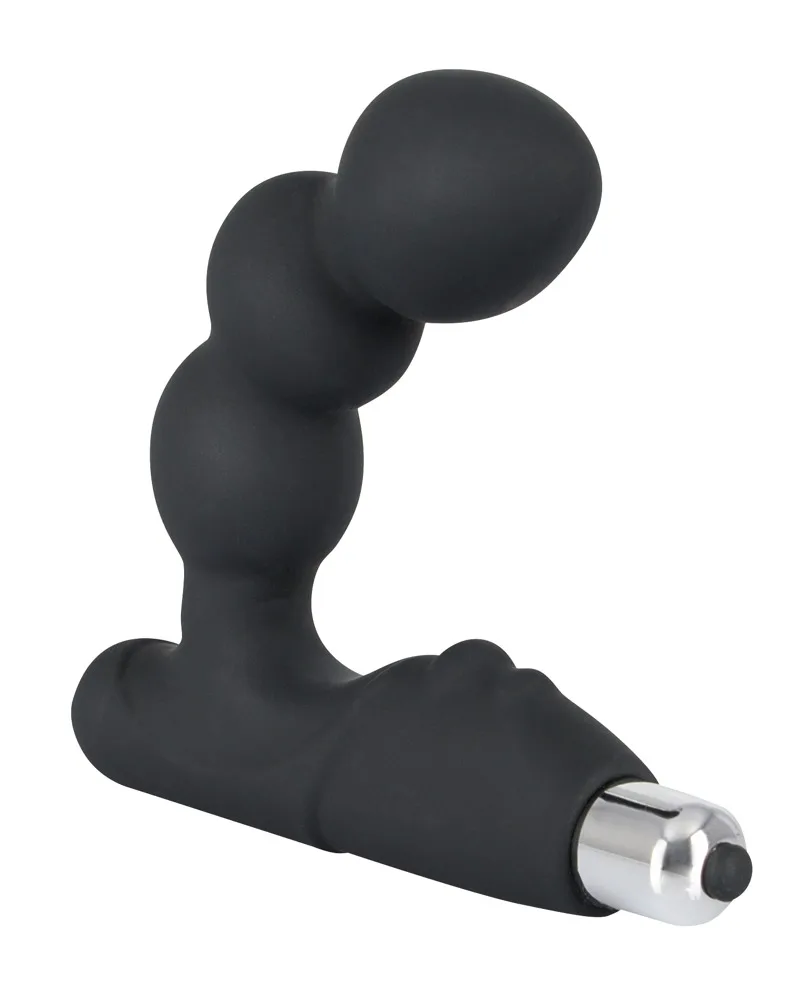 Rebel Bead-shaped Prostate Stimulator i svart, sedd snett framifrån med de tre kulorna på skaftet och bulletvibratorn i basens ände