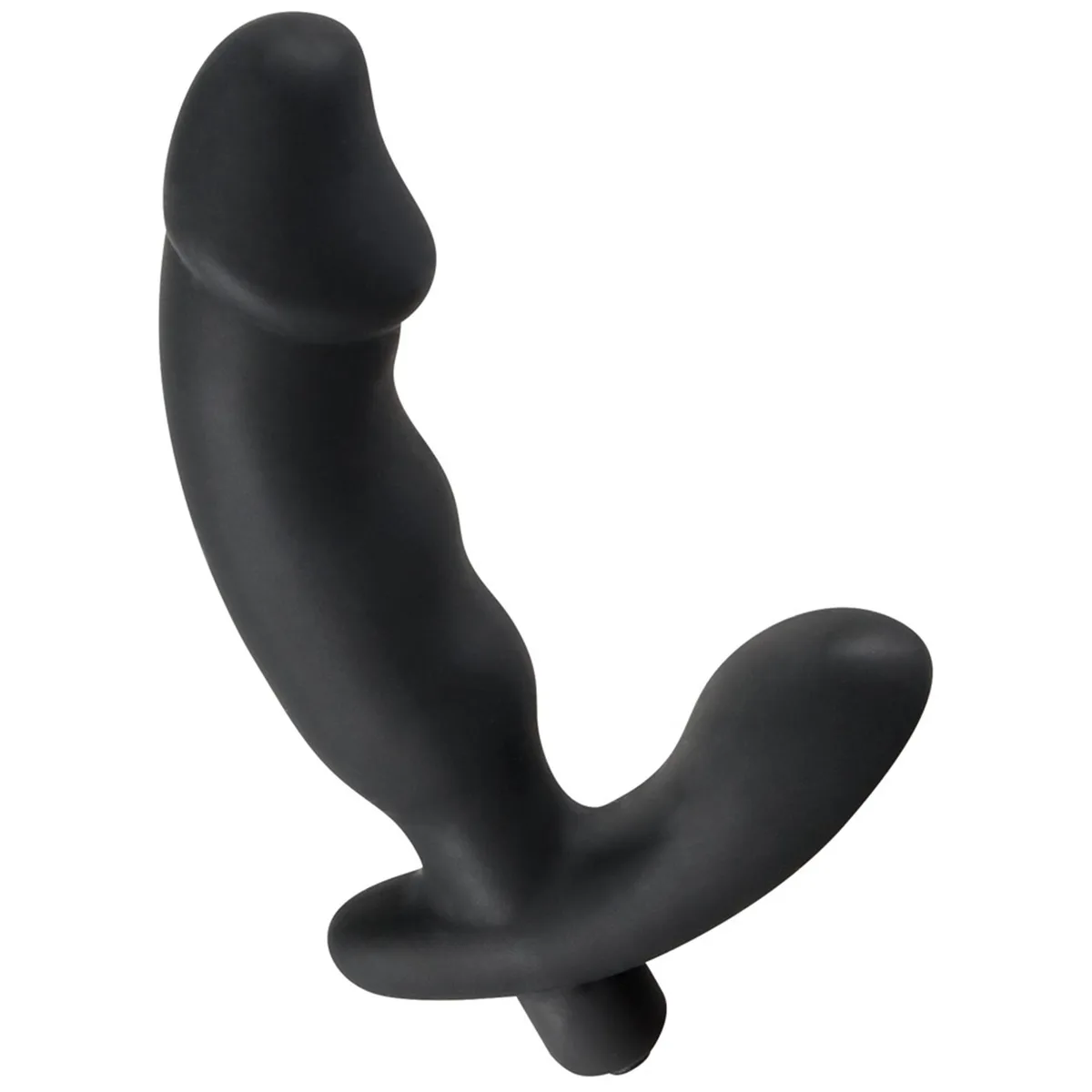 Rebel Cock Shaped Vibe i svart, sedd från sidan med den penisformade insticksdelen uppåt och perineumarmen åt höger
