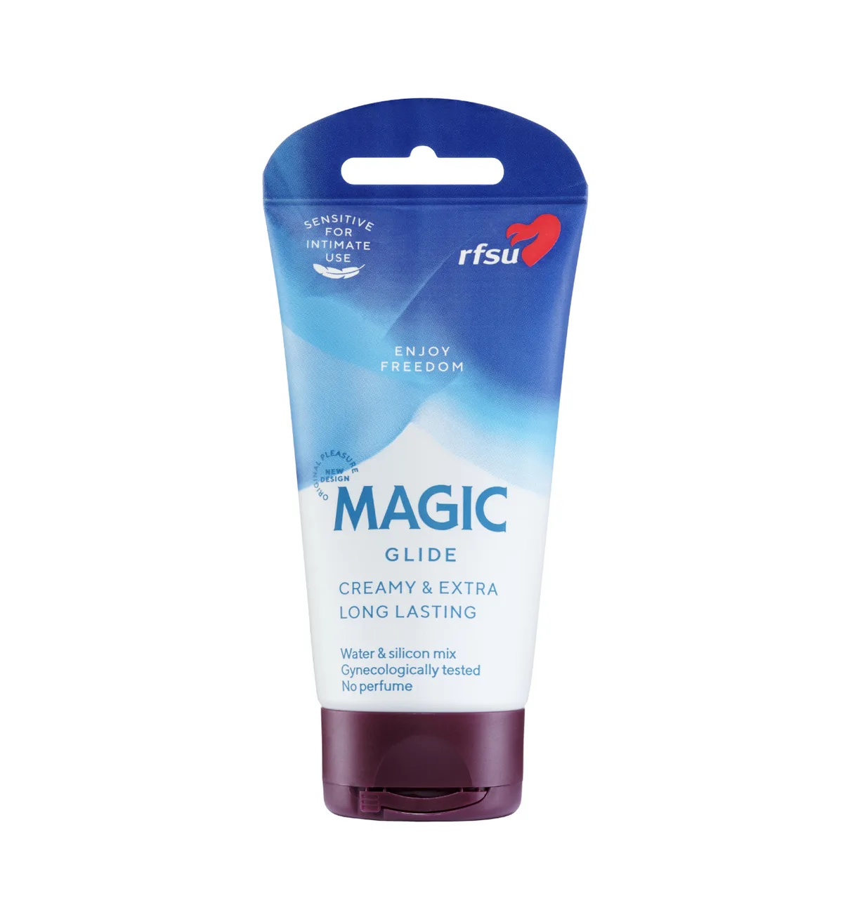 RFSU Magic Glide 75 ml, en blå og hvid tube med vinrød kork og teksten Magic Glide, stående forfra på hvid baggrund