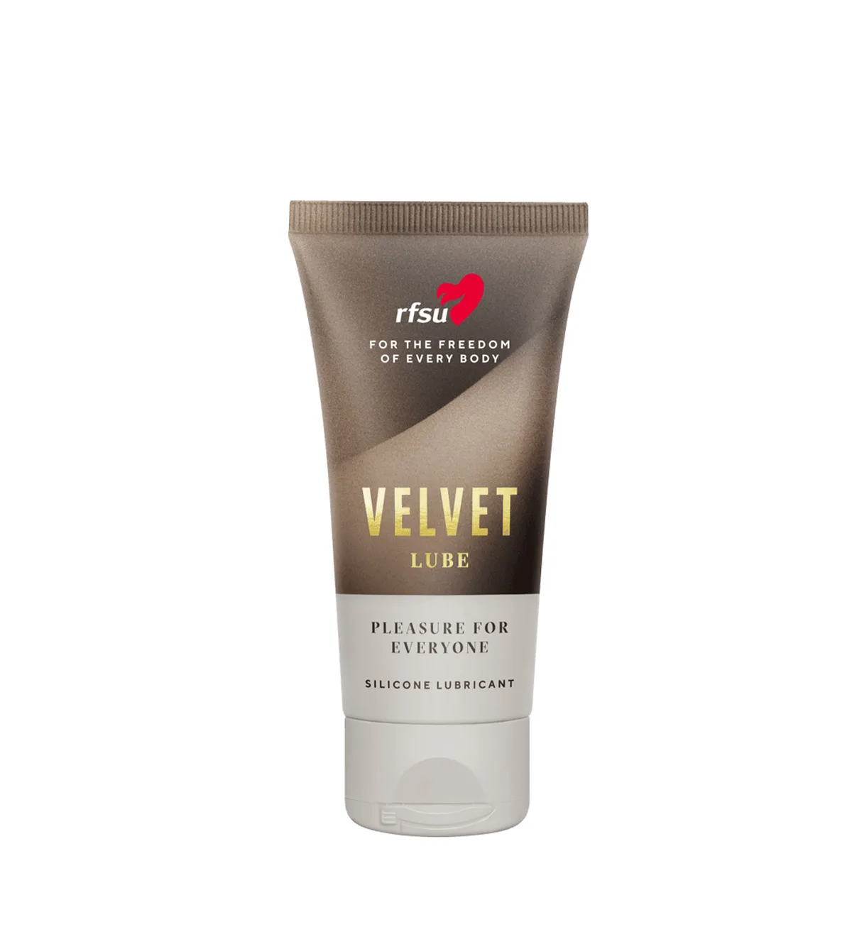 RFSU Velvet Lube, en brun og lysgrå tube på 40 ml med guldfarvet tekst, vist forfra på hvid baggrund