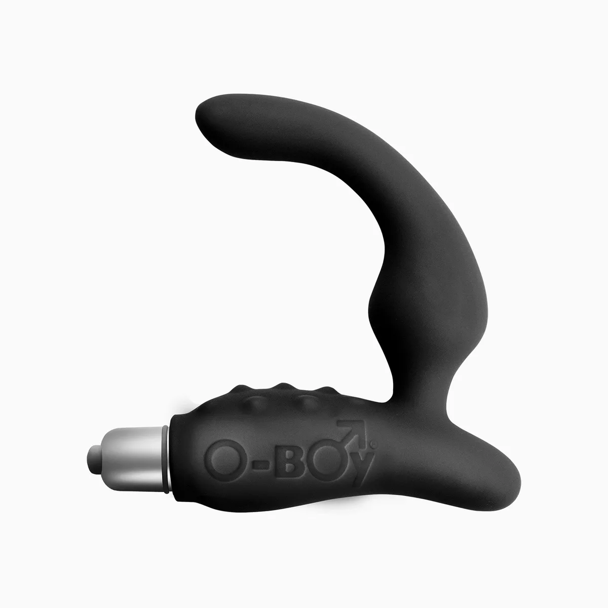 Rocks-Off O Boy i svart silikon, sedd från sidan med den böjda insticksdelen uppåt och bulleten i basen