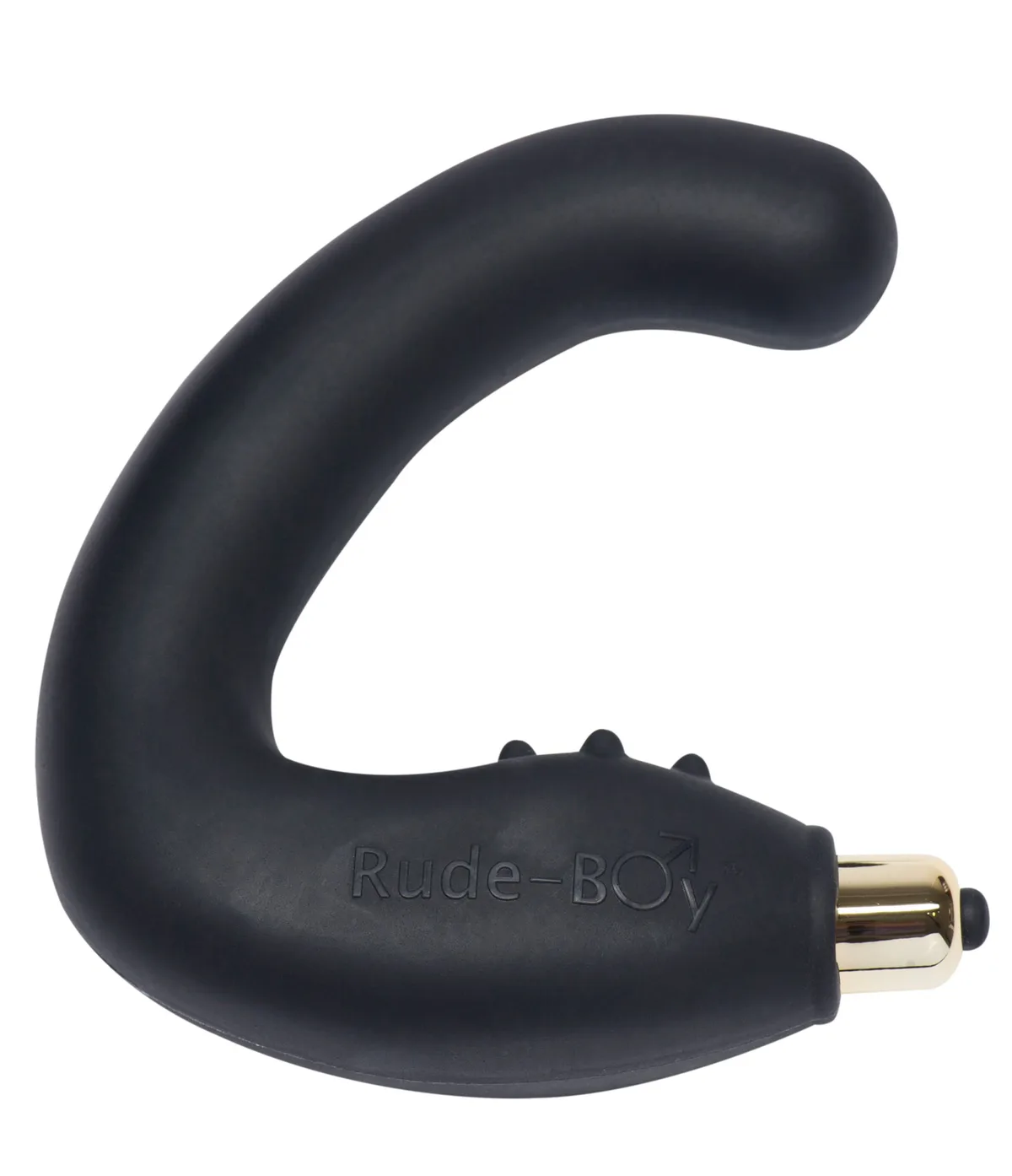 Rocks-Off Rude Boy 7-speed i svart silikon, sedd från sidan med den guldfärgade bulletvibratorn i basen
