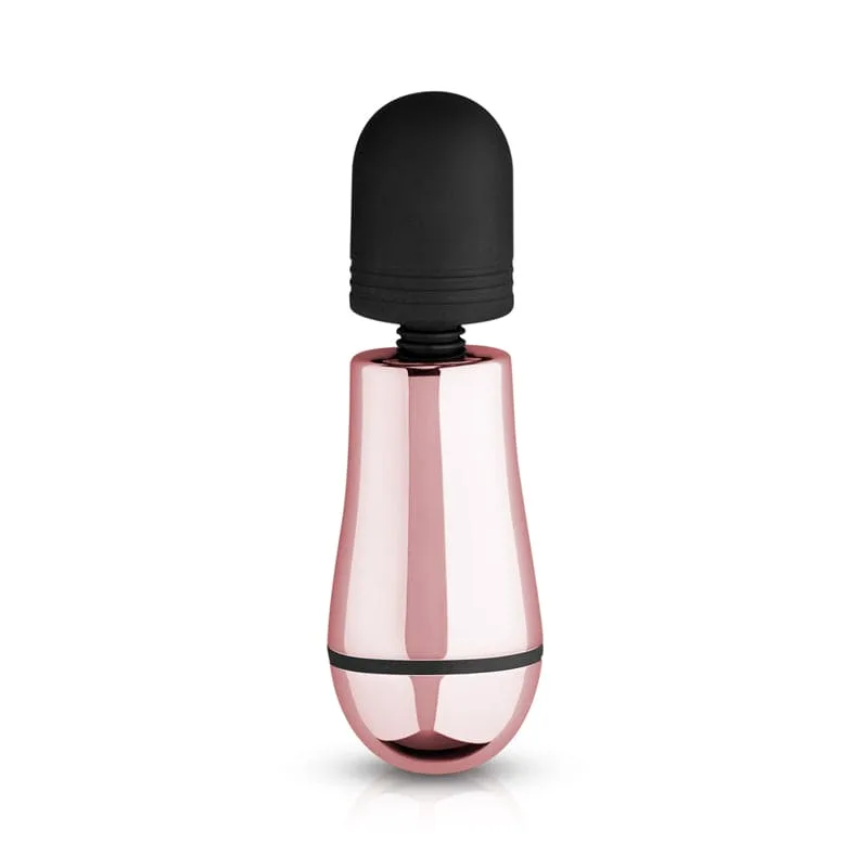 Rosy Gold Nouveau Mini Massager stående, med blank roséguldfärgad kropp och svart silikonhuvud