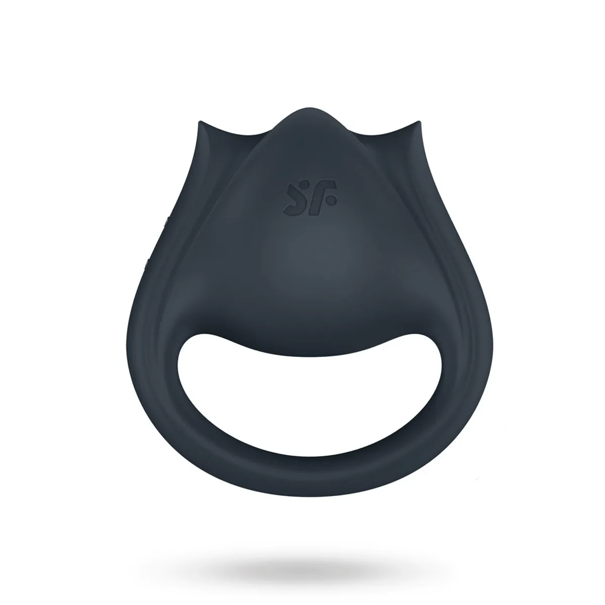 Satisfyer Perfect Pair 2 i antracit, sedd framifrån med den tulpanformade kroppen och ringöppningen