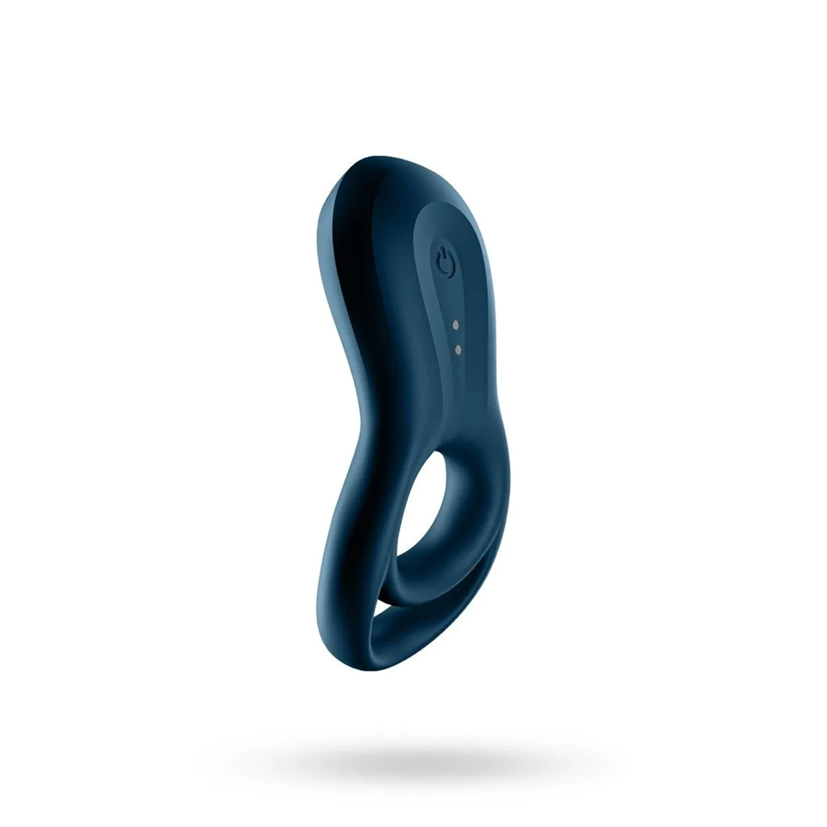 Satisfyer Epic Duo i mörkblått, sedd snett framifrån med de två silikonöglorna och strömknappen på motorhuset