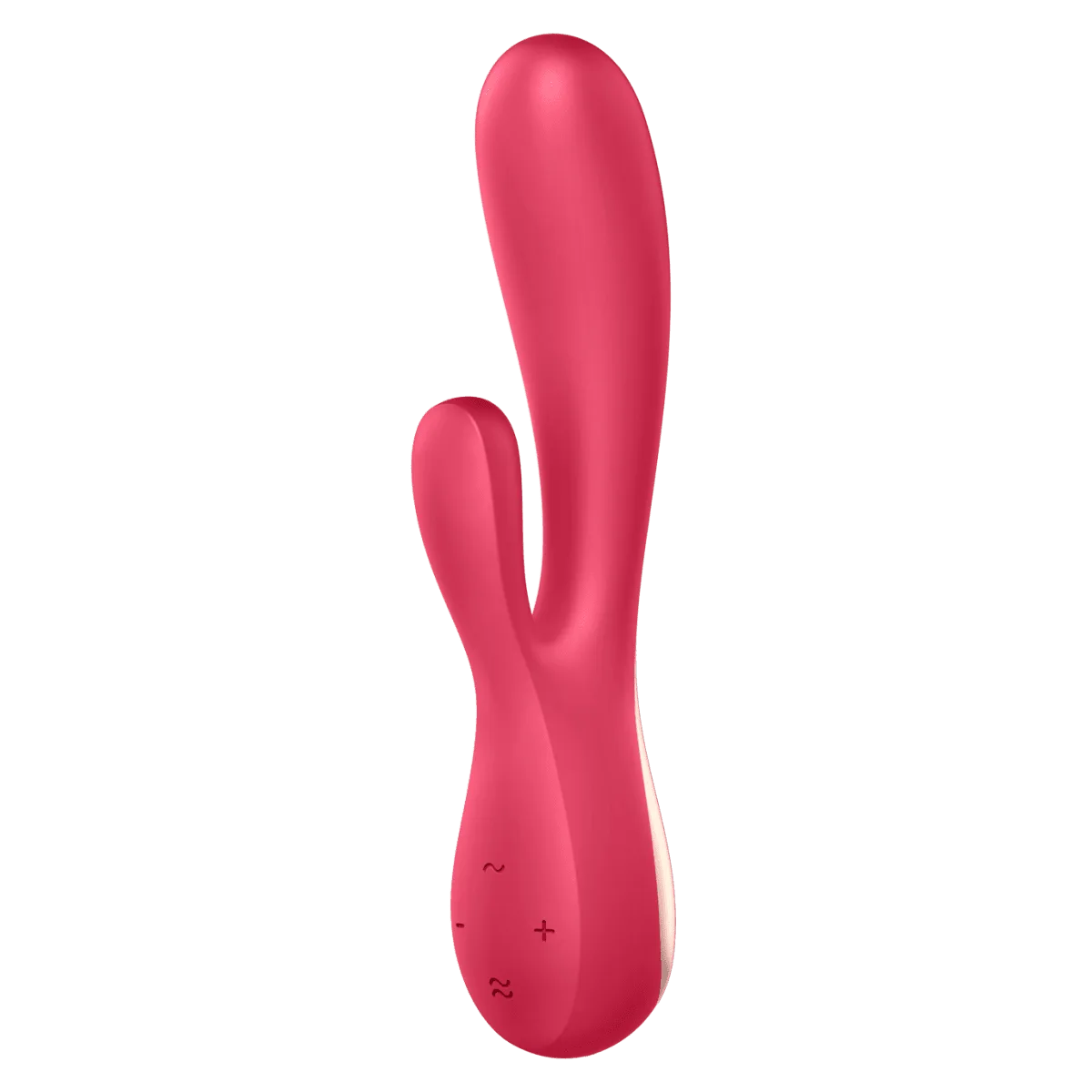 Satisfyer Mono Flex i rött, sedd snett framifrån med klitorisarmen och knappanelen synliga
