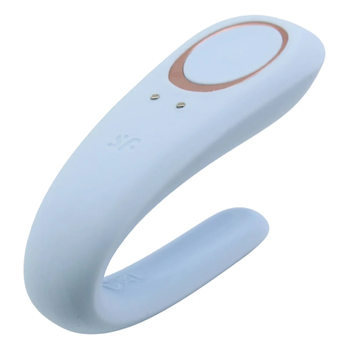 Satisfyer Partner Couples Vibrator i ljusblått, sedd snett framifrån med den C-formade kroppen och den ovala kontrollknappen