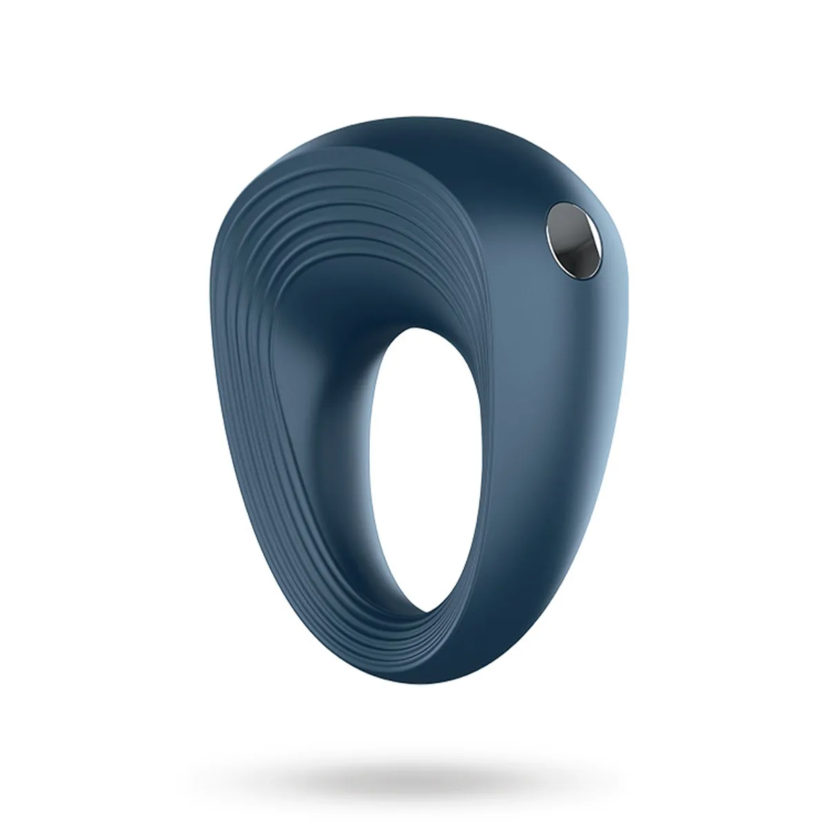 Satisfyer Power Ring i mörkblå silikon, sedd snett framifrån med knappen på motorhuset synlig