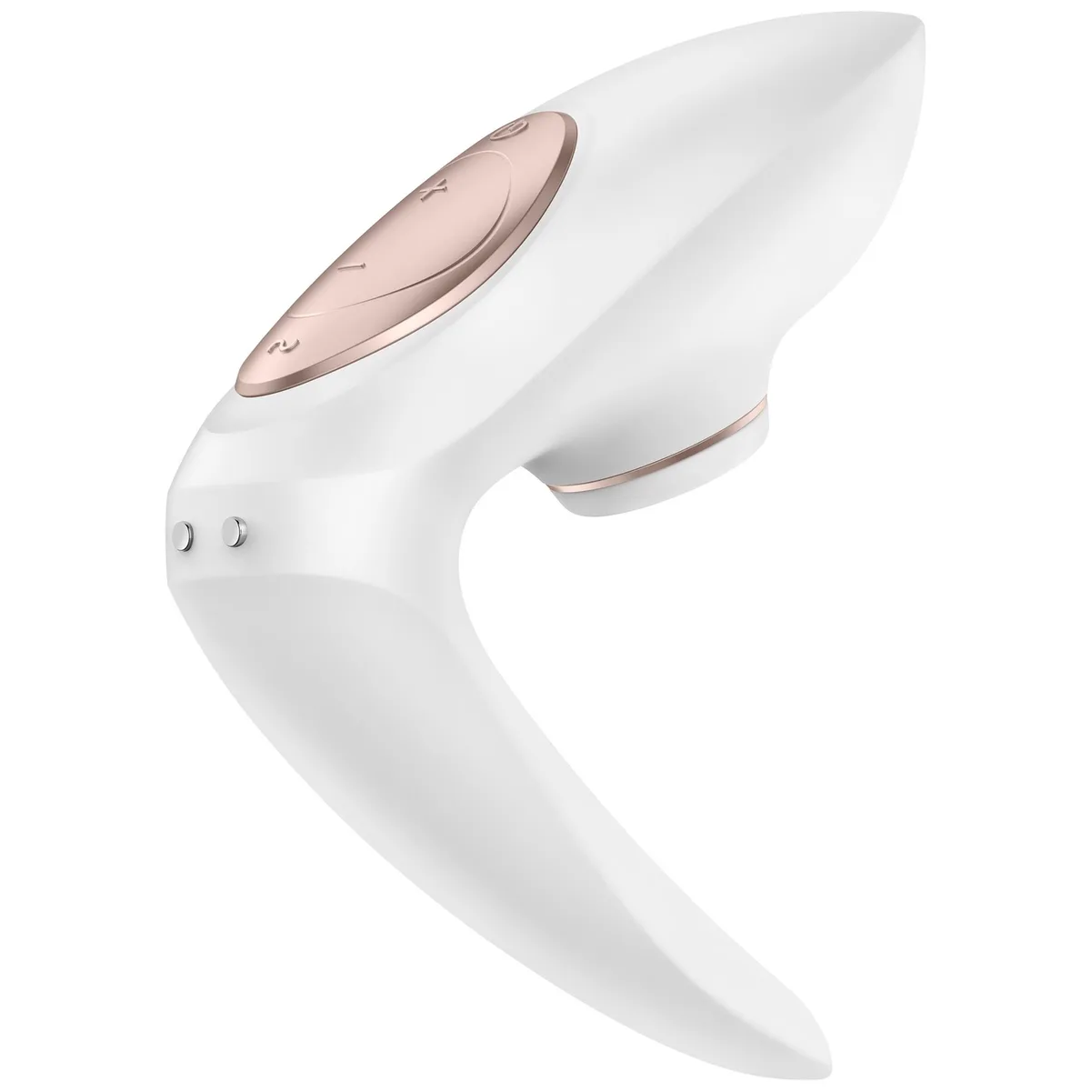 Satisfyer Pro 4 Couples i vitt med roséguld, sedd snett framifrån med manöverpanelen synlig