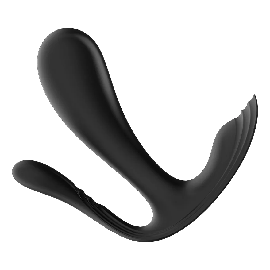 Satisfyer Top Secret+ i svart, sedd snett från sidan med det breda G-punktsskaftet och det smala analskaftet