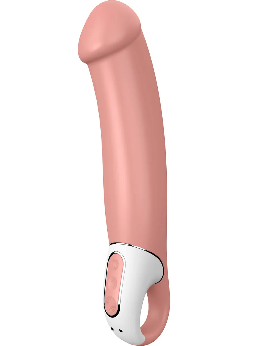 Satisfyer Vibes Master i hudfärgad silikon, sedd snett framifrån med det ringformade handtaget nedåt