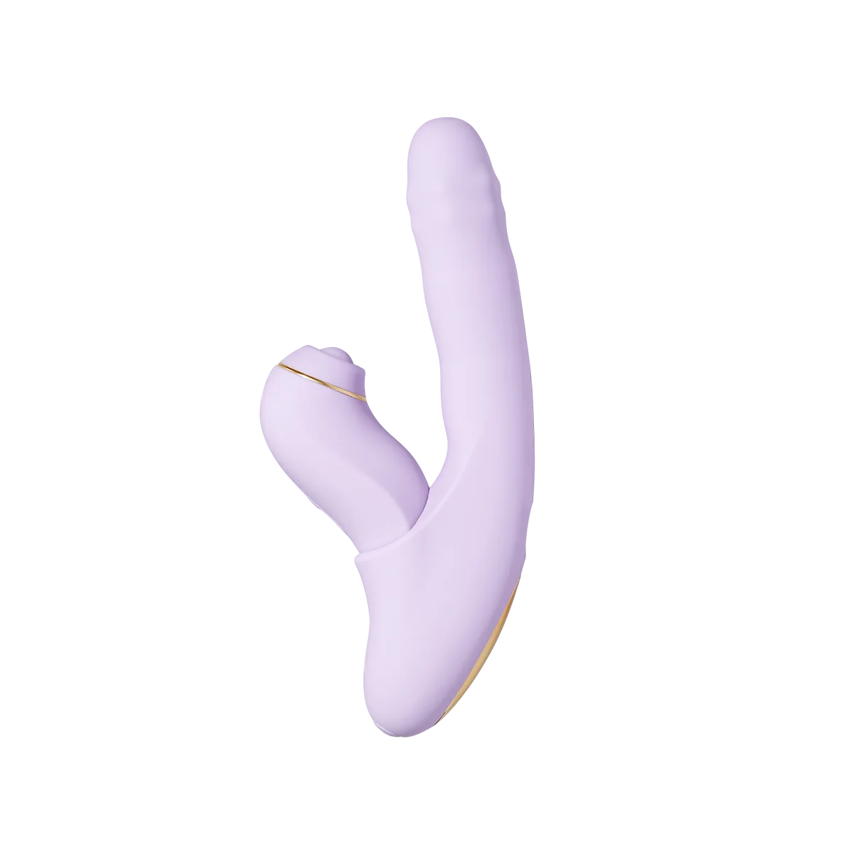 Svakom DuoGlow i pastellila, sammansatt med den pulserande stimulatorn fäst mot vibratorns skaft