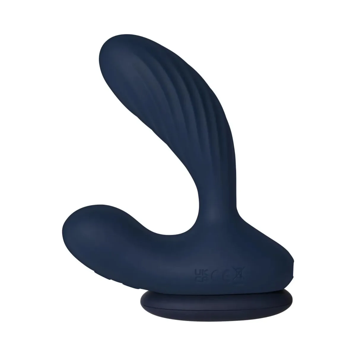 Svakom Vick Neo 2 i Navy Blue, sedd från sidan med det räfflade skaftet uppåt och perineumarmen framåt