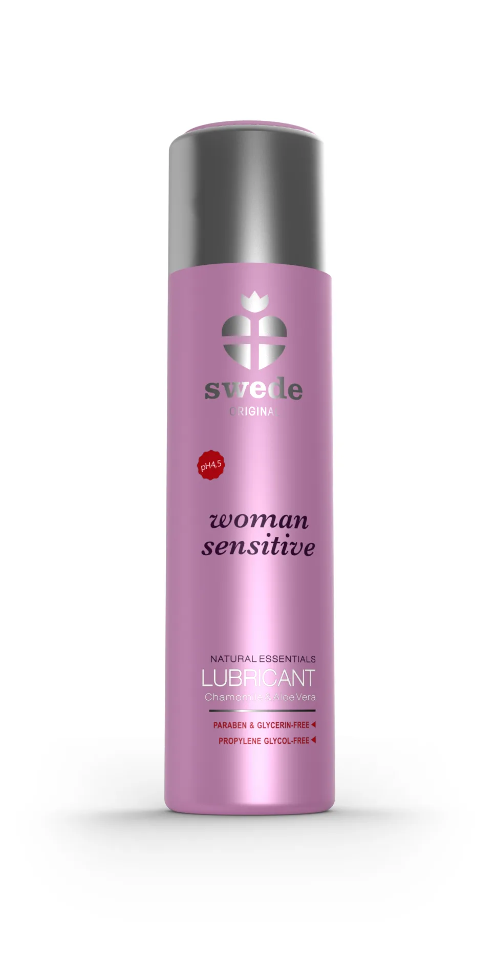 Swede Original Woman Sensitive i en rosa flaske med gråt låg, forfra på hvid baggrund, med pH 4,5 og teksten paraben- og glycerinfri på etiketten