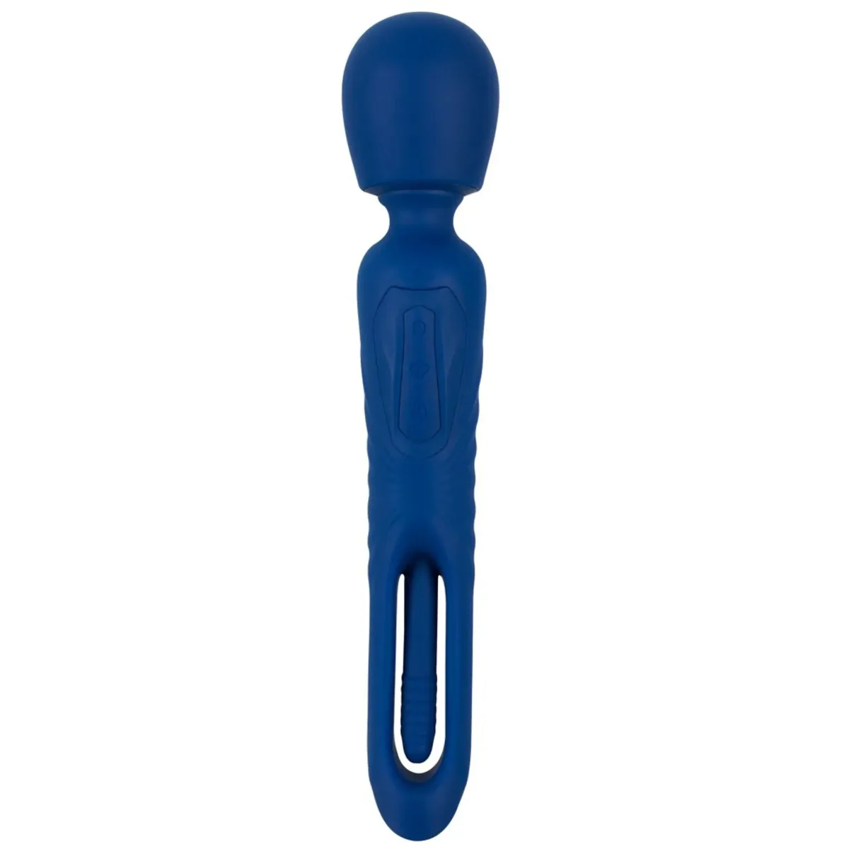 Sweet Smile 2in1 Wand with Flicking Tongue i blått, sedd framifrån med massagehuvudet uppåt och tungan synlig i skaftets öppning