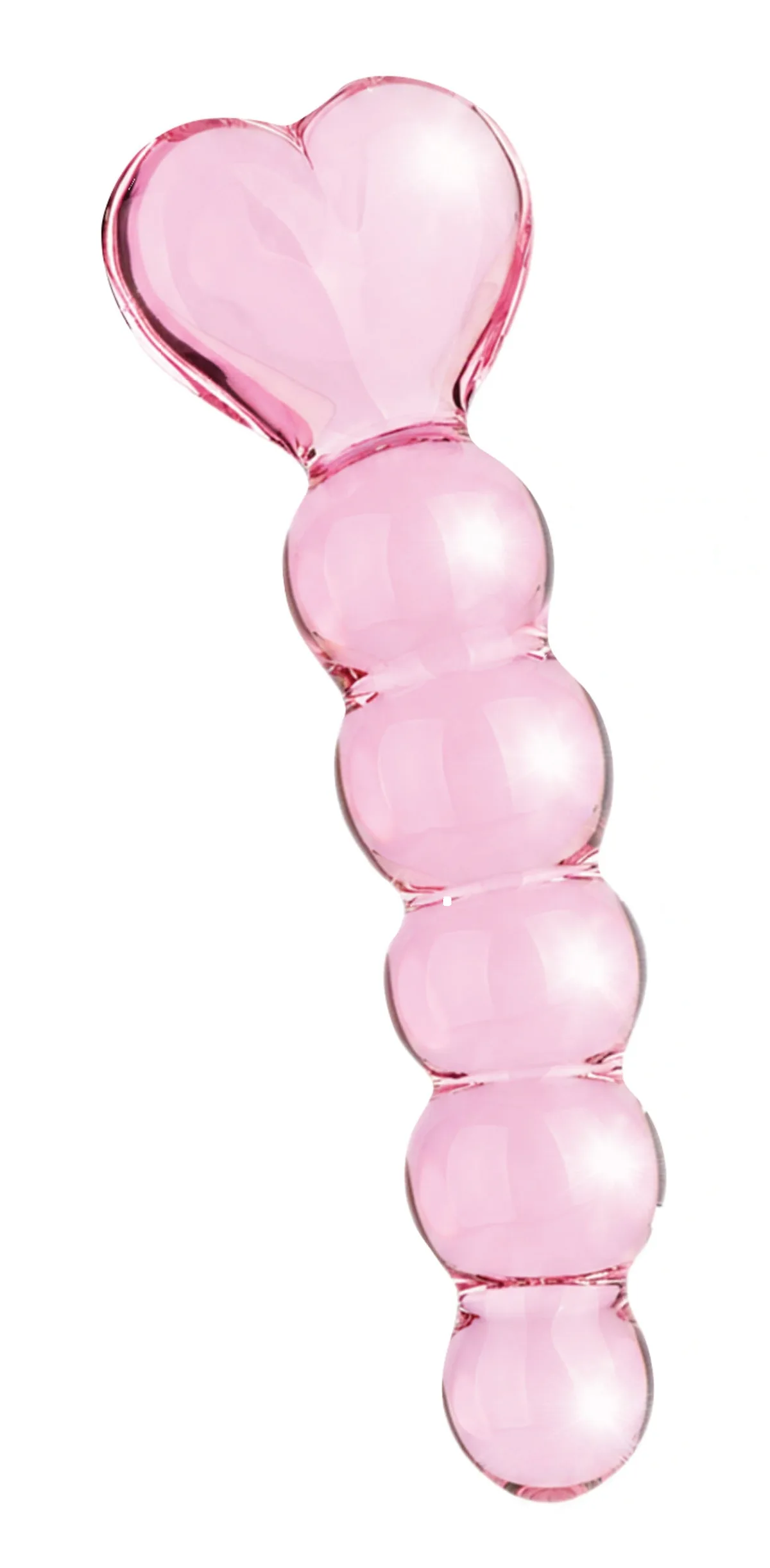 Toy Joy Glass Worxx Crystal Heart Anal Dildo i rosatonat glas, sedd framifrån med hjärtformat handtag och fem kulor