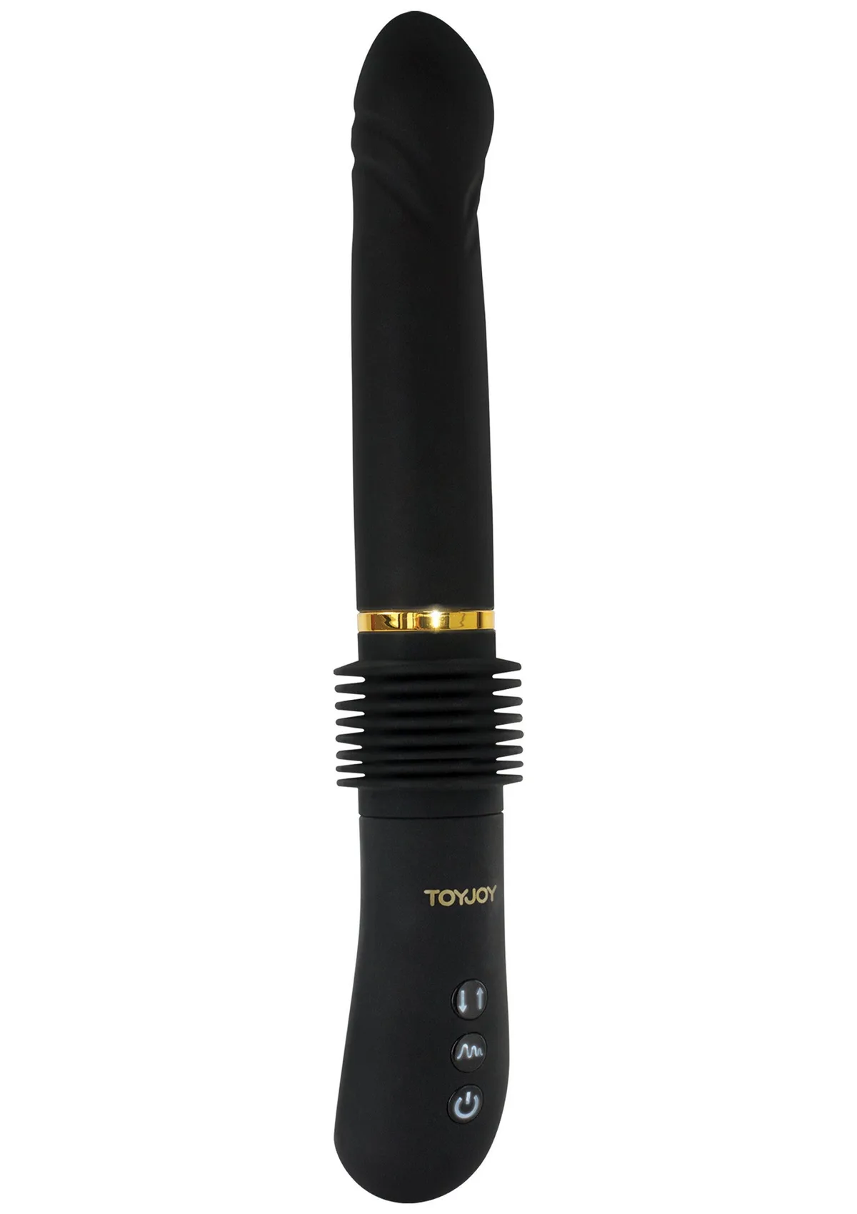 Toy Joy Magnum Opus Thruster i svart med indragen harmonikabälg, sedd från sidan mot vit bakgrund