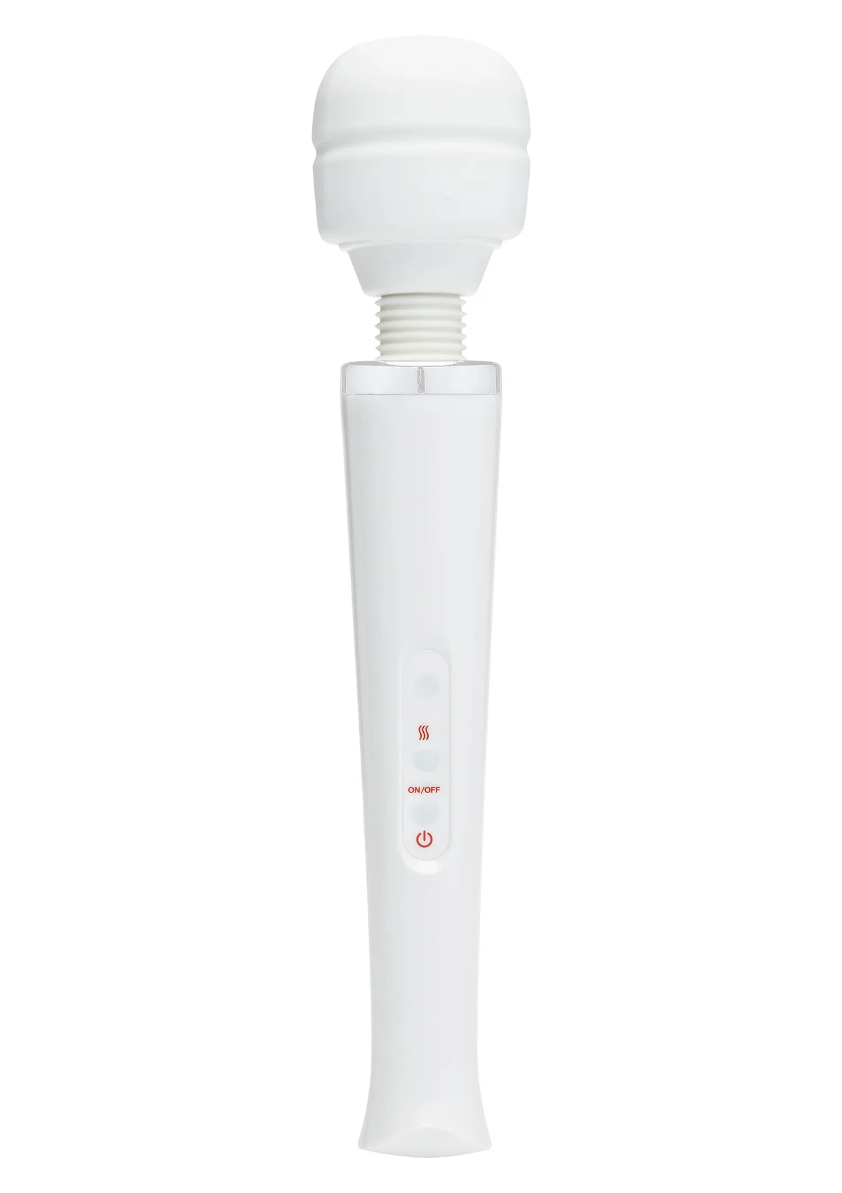 TOYJOY Magic Massager i vitt, sedd rakt framifrån med det stora huvudet, den veckade halsen och kontrollpanelen på handtaget
