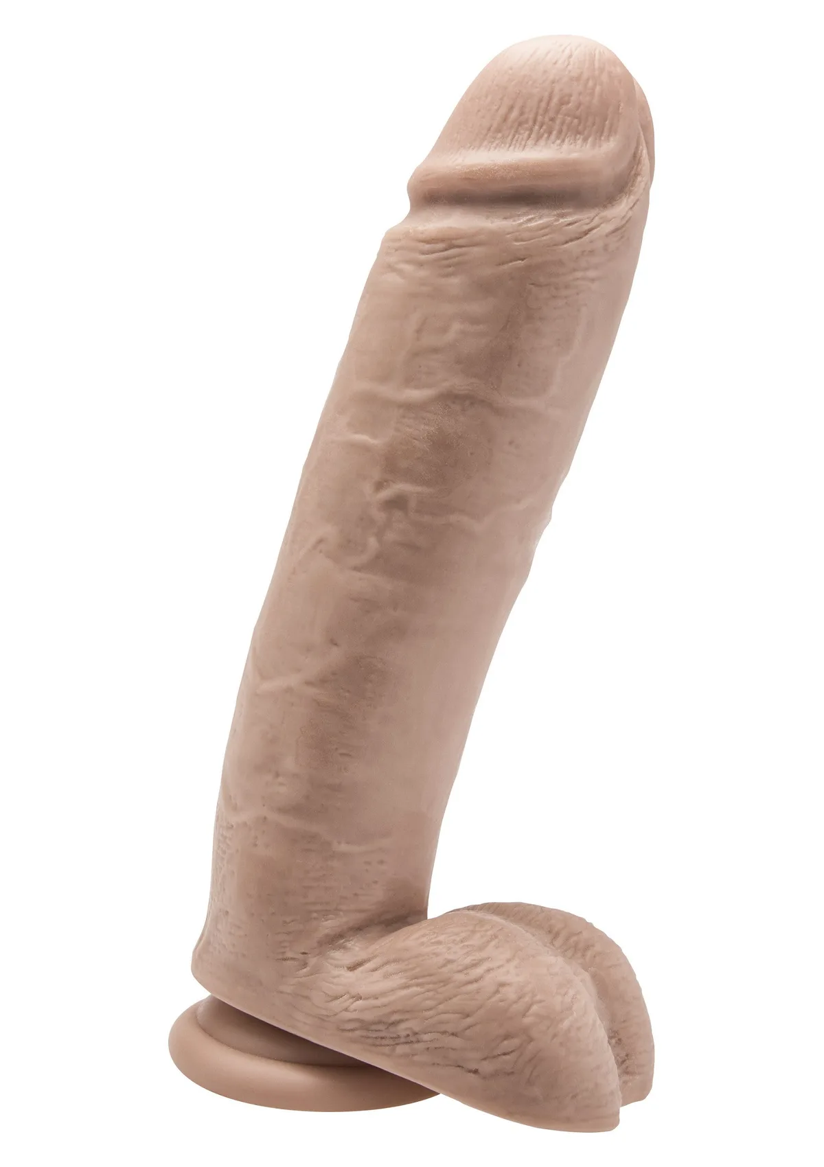 ToyJoy Get Real Cock With Balls 25,5 cm i ljus hudton mot vit bakgrund, sedd snett från sidan med pung och rund sugpropp i basen